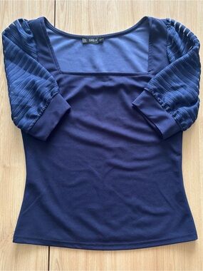 SHEIN Navy Blue Square Neck Top Pleated Mesh Cutout Half Sleeve Small